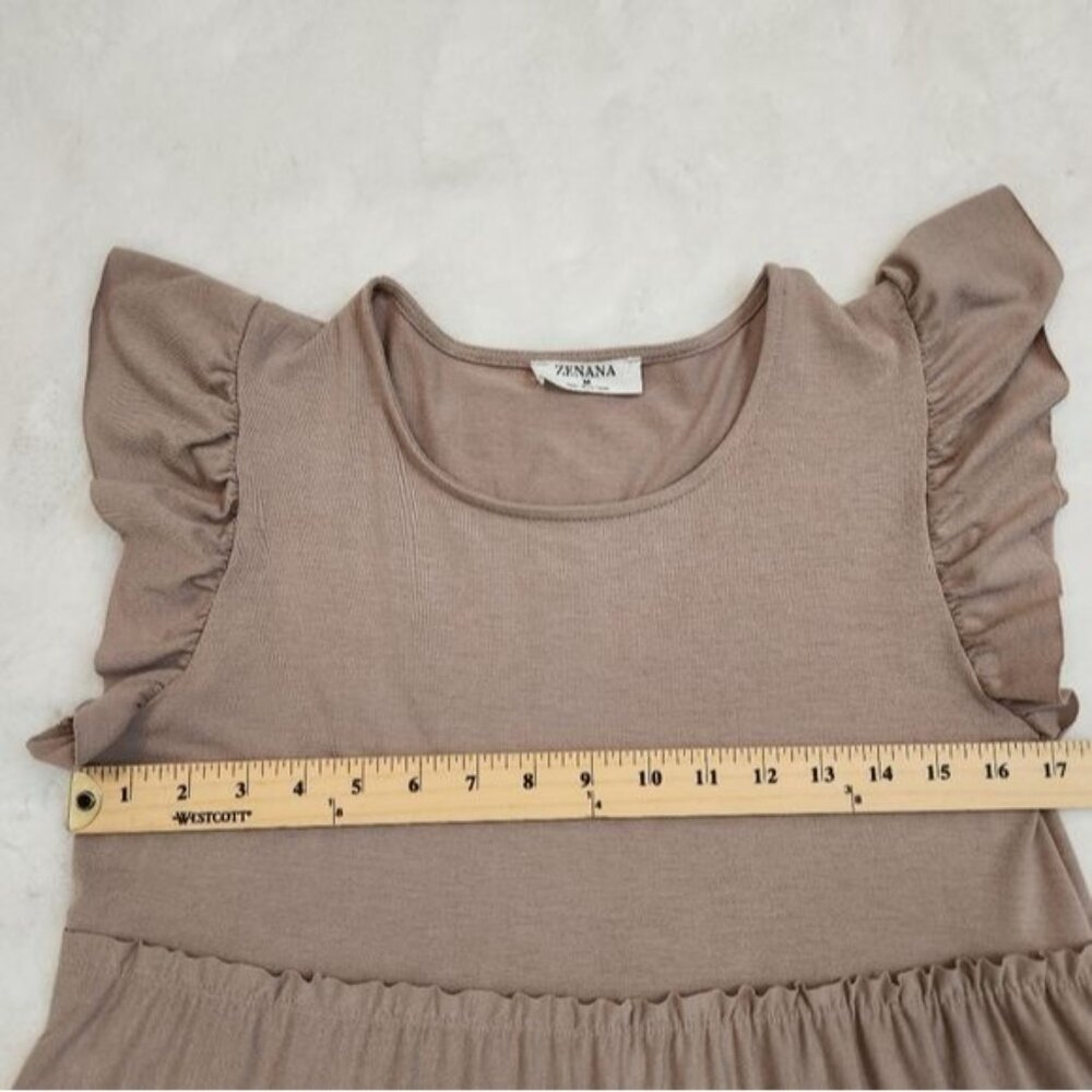 Zenana Ash Mocha Tiered Mini Dress Flutter Sleeve Tan Sleeveless Size Medium - Picture 9 of 12